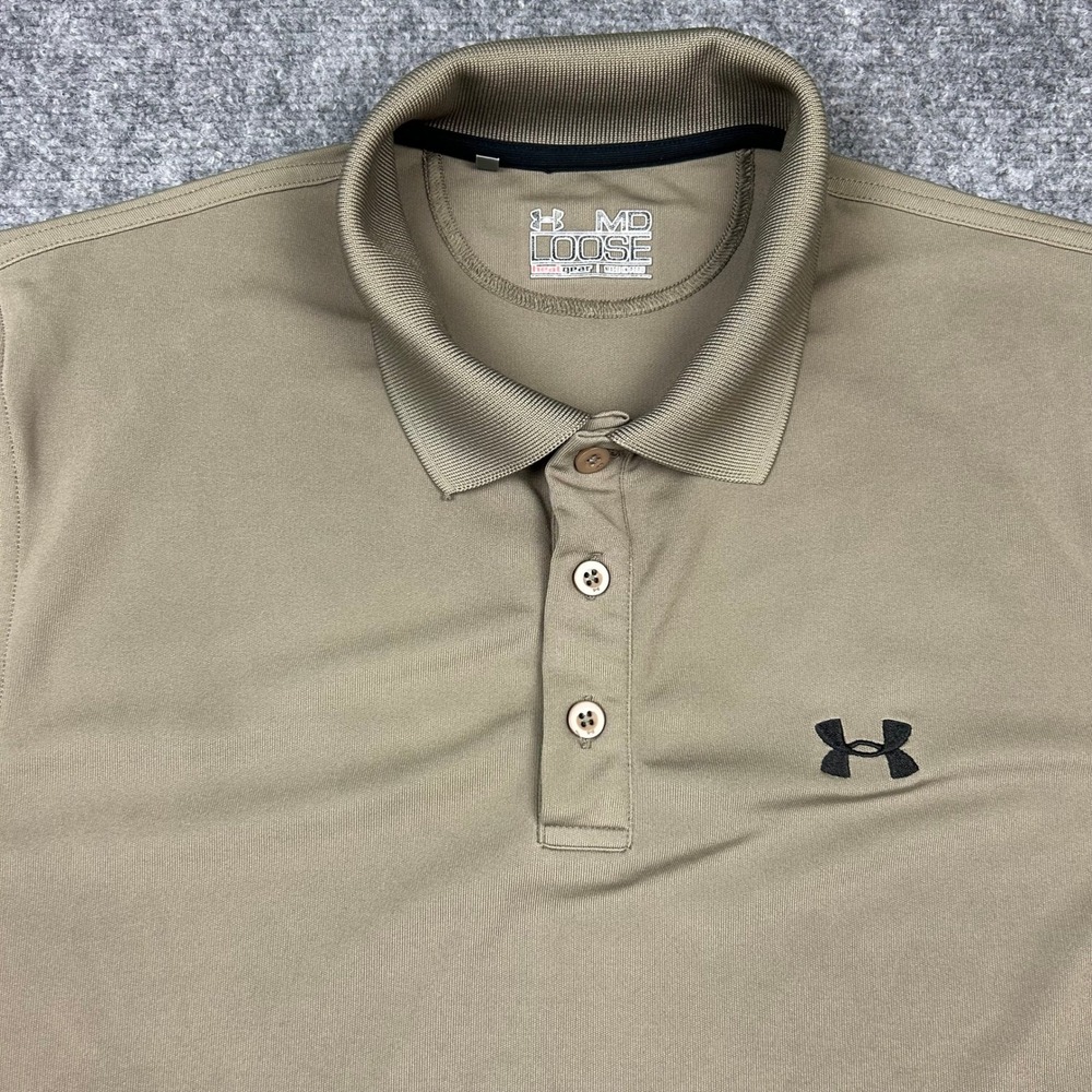 Under Armour Polo Shirt Mens M Tan Brown HeatGear Loose Fit Short Sleeve